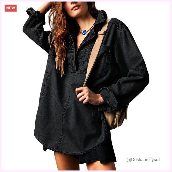 Oversized Denim Jacket V Neck Pullover Long Sleeve Loose Fit Pocket